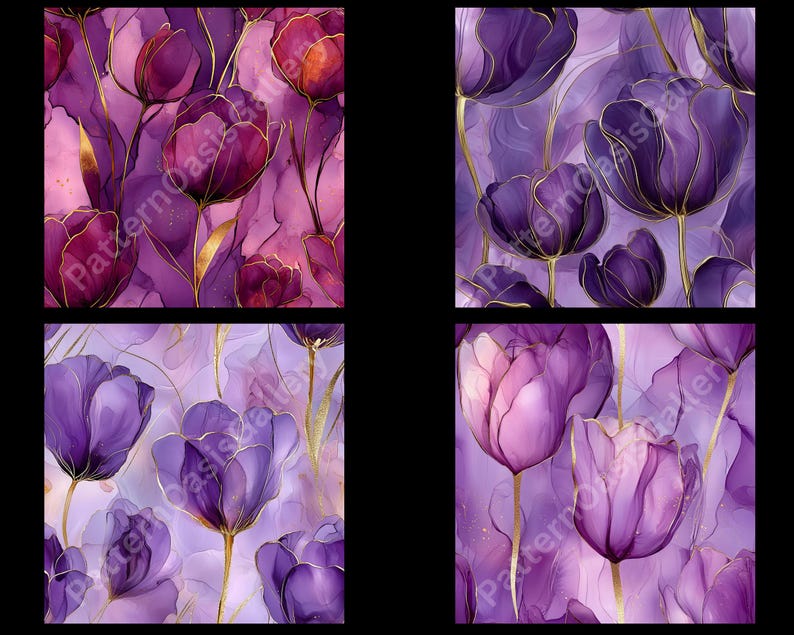 May include: Four square images showcasing a watercolor floral pattern. The design features purple tulips with gold outlines and stems against a soft, abstract background. The color palette includes shades of purple, pink, and gold.