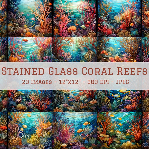 Stained Glass Coral Reef Digital Paper, Coral Reef Stained Glass Background, 20 Designs, 12"x12", Stained Glass Sublimation, Commercial
