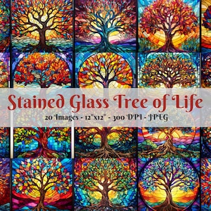 Carta digitale con albero della vita in vetro colorato, sfondo con alberi in vetro colorato, albero, oltre 20 disegni, 12"x12", sublimazione di vetro colorato, commerciale