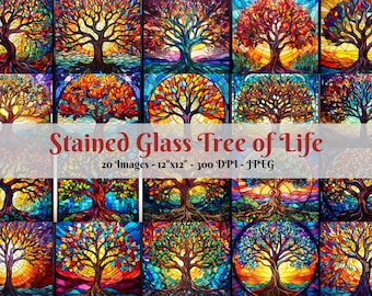 Gebrandschilderd glas levensboom digitaal papier, bomen gebrandschilderd glas achtergrond, boom, 20+ ontwerpen, 12 "x 12", glas in lood sublimatie, commercieel