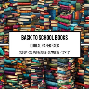 May include: A digital paper pack with 20 seamless 12x12 inch images of colorful stacks of books. The images are 300 dpi and perfect for scrapbooking, card making, and other paper crafts. The text on the image reads "Back to School Books, Digital Paper Pack, 300 DPI - 20 JPEG Images - Seamless - 12"x12""