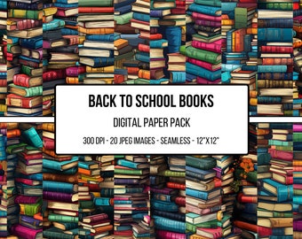 May include: A digital paper pack with 20 seamless 12x12 inch images of colorful stacks of books. The images are 300 dpi and perfect for scrapbooking, card making, and other paper crafts. The text on the image reads "Back to School Books, Digital Paper Pack, 300 DPI - 20 JPEG Images - Seamless - 12"x12""