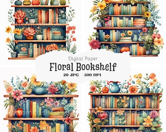 20 Floral Bookshelf Clipart, Colored Bookshelf Images, JPGs, Junk Journal, Digital Paper Craft, Card Making, Printable Watercolor Clipart
