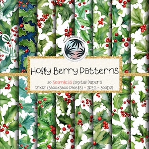 Holly Backgrounds Seamless Watercolor Patterns, Holly Foliage Square, 20+ Designs, Seamless Scene, Scrapbook, Gift Wraps, Commercial Use