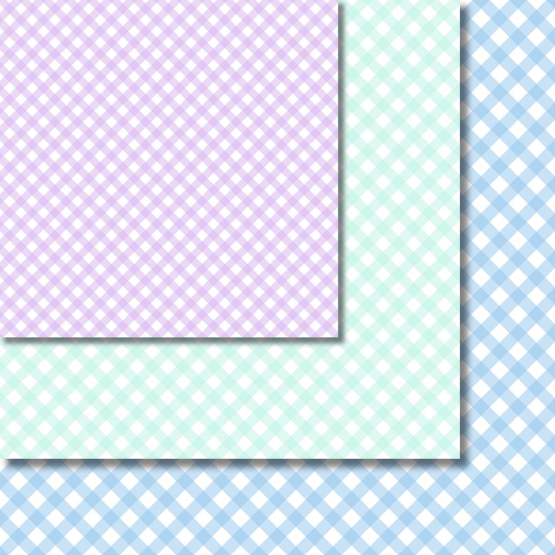 K&ouml;nnte beinhalten: Drei Gingham-Muster in verschiedenen Farben: helllila, hellblau und hellgr&uuml;n. Die Muster sind alle gleich gro&szlig; und haben einen wei&szlig;en Hintergrund.