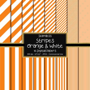Orange & White Seamless Striped Digital Paper, Striped Paper, 16 Stripes, Digital Background, Scrapbook Paper, Commercial Use, Instant