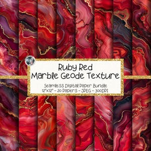 May include: A digital paper bundle featuring twenty seamless ruby red marble geode textures with gold accents. The central text reads: Ruby Red Marble Geode Texture, Seamless Digital Paper Bundle, 12"x12" - 20 Papers - JPEG - 300DPI.