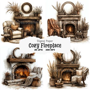 20 Cozy Fireplace Clipart, Boho Fireplace Images, JPGs, Junk Journal, Digital Paper Craft, Card Making, Printable Watercolor Clipart