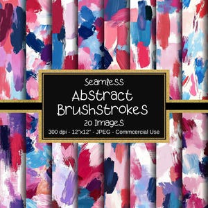 May include: A set of 20 digital seamless patterns featuring abstract brushstrokes in pink, blue, red, and white. The patterns are 30.48 cm by 30.48 cm and 300 dpi.  Seamless Abstract Brushstrokes - 20 Images - 300 dpi - 12"x12" - JPEG - Commercial Use