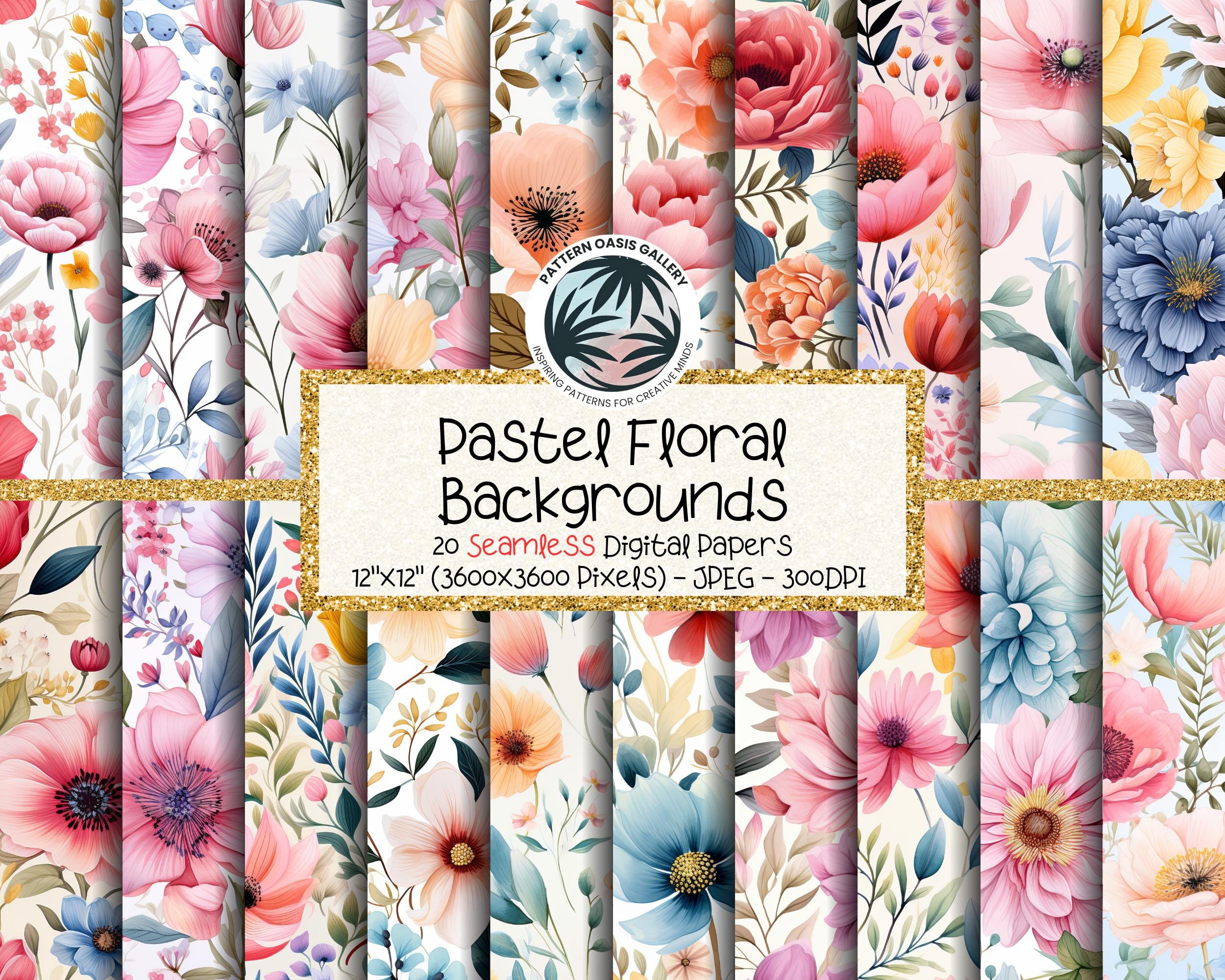 Watercolor Pastel Flower Seamless Pattern, 20 Floral Designs (digital ...