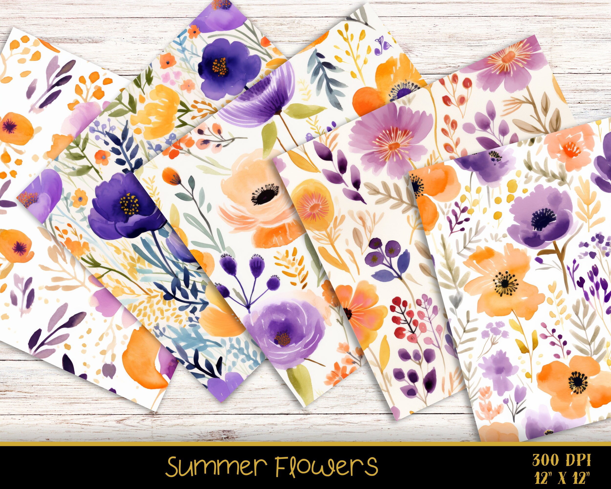 Summer Flowers Seamless Digital Papers, Summer Watercolor Flower ...
