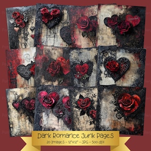 Papier numérique Gothic Love, pages sombres romantiques, éphémères de la Saint-Valentin, shabby chic, 12 x 12 po, 20 images, scrapbooking, pages de journal indésirable