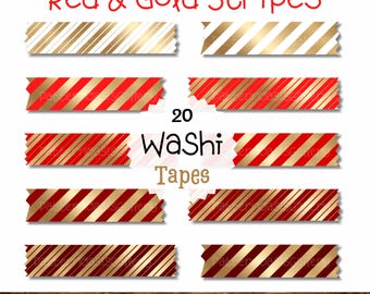 Digital Washi Tape Clipart, Stripes, Washi Tape For Digital Planner, Goodnotes, PNGs, Planner Tapes, Washi Tape Clipart Set, Red and Gold
