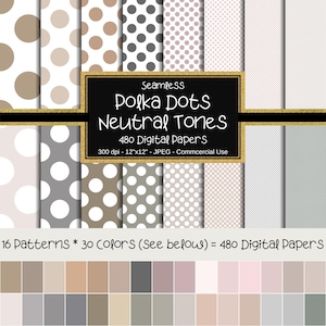 May include: A set of 480 digital papers featuring 16 different polka dot patterns in 30 neutral colours. The patterns include various sizes and arrangements of polka dots in shades of brown, grey, and pink. The text "Seamless Polka Dots Neutral Tones 480 Digital Papers 300 dpi - 12"x12" - JPEG - Commercial Use" is displayed on a black background.