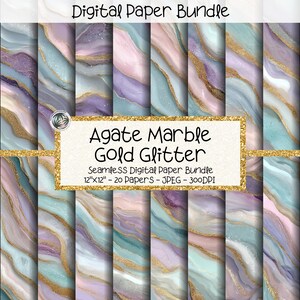 May include: A digital paper bundle featuring agate marble designs with gold glitter accents. The papers showcase a seamless pattern in shades of purple, blue, and pink. The text on the image reads "Agate Marble Gold Glitter" and "12"x12" - 20 Papers - JPEG - 300DPI".