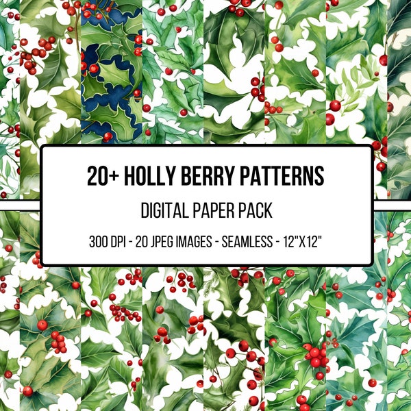 Holly achtergronden naadloze aquarel patronen, Holly Foliage Square, 20+ ontwerpen, naadloze scène, plakboek, geschenkverpakkingen, commercieel gebruik