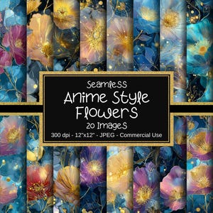 May include: A digital paper pack with 20 seamless patterns featuring anime-style flowers in shades of blue, purple, and gold. The text "Seamless Anime Style Flowers 20 Images 300 dpi - 12"x12" - JPEG - Commercial Use" is displayed on a black background.