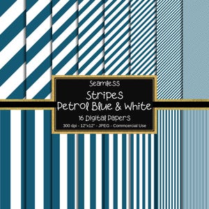 Petrol Blue & White Seamless Striped Digital Paper, Striped Paper, 16 Stripes, Digital Background, Scrapbook Paper, Commercial Use, Instant