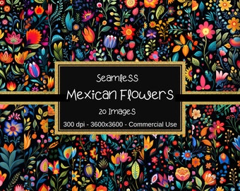 Seamless Mexican Flowers Digital Papers, Bloom Patterns, 20 Designs, 12"x12", Commercial Use, Mexican Flower Pattern, Floral Pattern