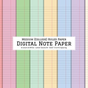 Peut inclure: Papier de notes numérique avec des lignes de type « college » en huit couleurs : rose, violet, vert, bleu clair, jaune, lavande et crème. Le texte sur l'image indique « DIGITAL NOTE PAPER » et précise la taille et l'espacement du papier.