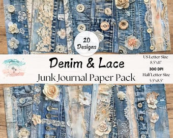 Denim & Lace Junk Journal Pages, Textile Collage (Digital Download)