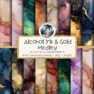 Könnte beinhalten: Eine Sammlung von 20 digitalen Papieren mit Alkohol-Tinte und Gold-Designs. Jedes Papier misst 30,48 x 30,48 cm und ist eine JPEG-Datei mit 300 DPI. Die Papiere zeigen eine Vielzahl von Farben und Mustern.