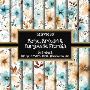 Motifs floraux sans couture beiges et marron turquoise, Papiers numériques beiges marron beige, 20 modèles, 30 x 30 cm, Usage commercial, Fleurs de mariage