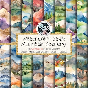 Papel sin costuras con paisaje de montaña: paisaje de acuarela (descarga digital)