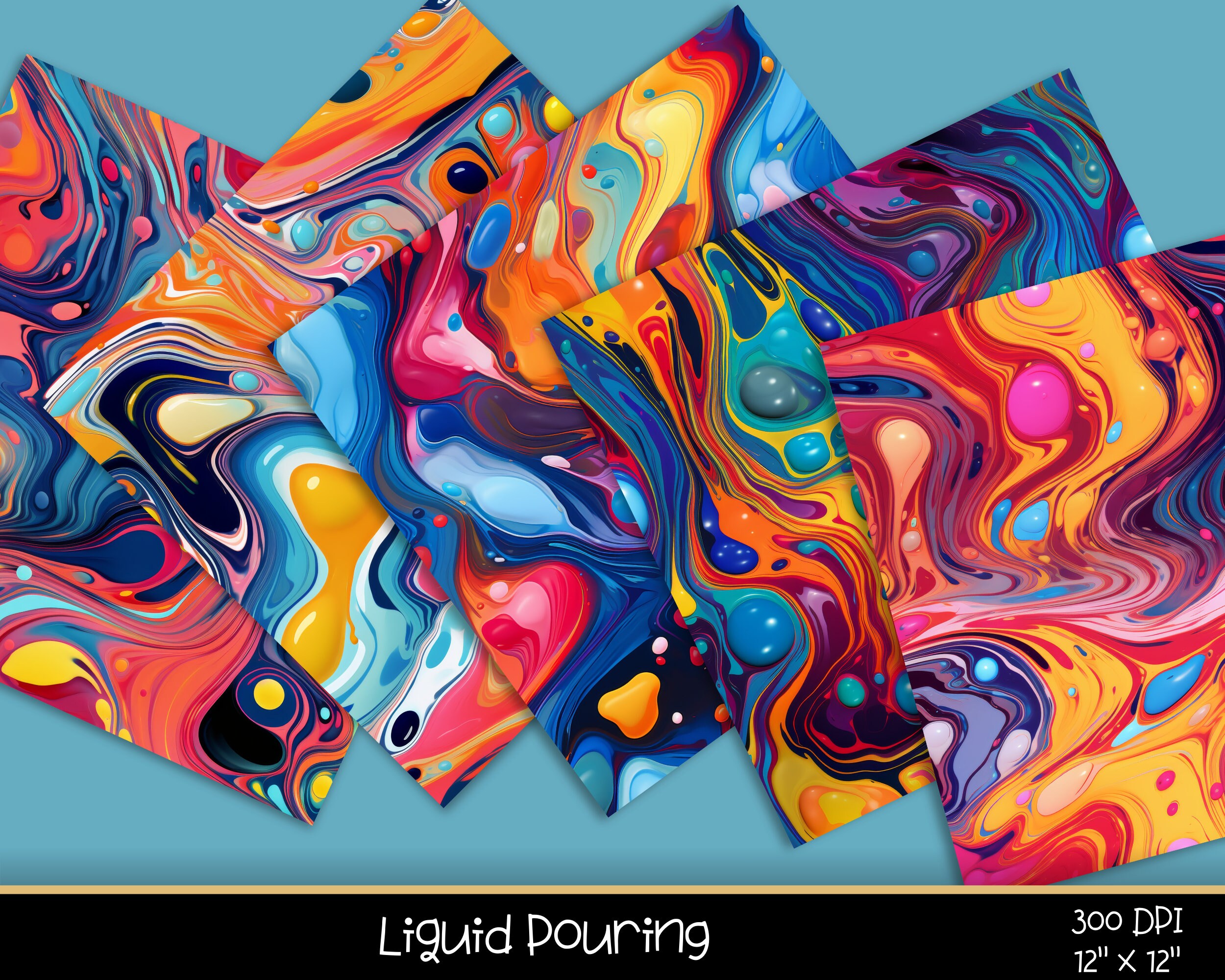Liquid Pour Seamless Patterns, Paint Pour Digital Paper, 12x12, 20 ...