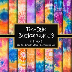 May include: Twenty digital paper backgrounds featuring tie-dye patterns in various colors, including blue, yellow, orange, pink, and purple. The backgrounds are 12 inches by 12 inches and 300 dpi.