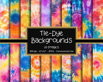 Digitale papieren tie-dye, tie-dye aquarelpatronen, kleurrijke tie-dye, 12" x 12", 20 ontwerpen, abstracte tie-dye achtergrond, funky, commercieel