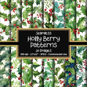 Holly Backgrounds Seamless Watercolor Patterns, Holly Foliage Square, 20+ Designs, Seamless Scene, Scrapbook, Gift Wraps, Commercial Use