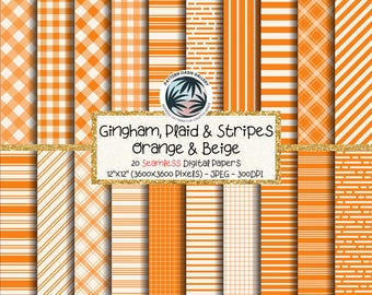 Gingham Plaid Stripes Digital Paper Bundle: Orange & Beige, Seamless Patterns (Instant Download), 300DPI