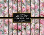 Daisies Peonies SEAMLESS Digital Paper, Watercolor Flower Pattern, Printable Scrapbook Paper, Floral Background, 20 Designs, 12"x12", Pink