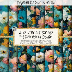 May include: A digital paper bundle featuring 20 seamless floral designs in an abstract oil painting style. The designs showcase a variety of colorful flowers in shades of teal, orange, pink, and white. Each paper measures 12x12 inches.