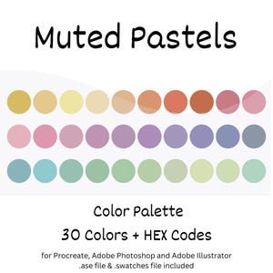 Muted Pastels Digital Color Palette, iPad Procreate, Adobe Photoshop, Adobe Illustrator, Color Swatches, Muted Color Palette, HEX Codes