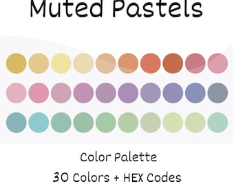 Paleta de colores digitales de tonos pastel apagados, iPad Procreate, Adobe Photoshop, Adobe Illustrator, muestras de color, paleta de colores apagados, códigos HEX