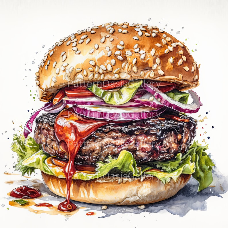 Op de afbeelding: Een aquarel van een sappige hamburger met een sesamzaadjesbroodje, sla, tomaat, rode ui en een rundvleesburger met ketchup.