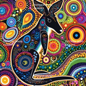 Puede incluir: Una silueta negra de un canguro con marcas blancas est&aacute; rodeada de puntos y c&iacute;rculos coloridos. El fondo es una mezcla vibrante de colores, incluyendo rojo, naranja, amarillo, verde, azul, morado y rosa. El texto "PATTERN OASIS GALLERY" aparece tres veces en la imagen.