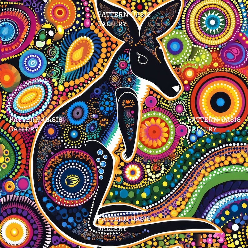 Puede incluir: Una silueta negra de un canguro con marcas blancas est&aacute; rodeada de puntos y c&iacute;rculos coloridos. El fondo es una mezcla vibrante de colores, incluyendo rojo, naranja, amarillo, verde, azul, morado y rosa. El texto "PATTERN OASIS GALLERY" aparece tres veces en la imagen.