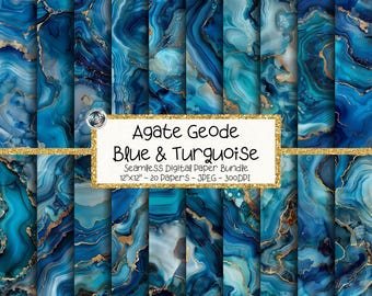 Geode Digital Paper Bundle, Seamless Blue Marble Agate Textures, Gold Fluid Abstracts (Digital Download)