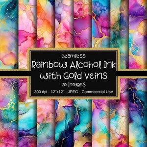 Alkohol Tinte SEAMLESS Regenbogen Muster, Alkohol Tinte Digitales Papier, 20 Designs, 12x12 Zoll, kommerzielle Nutzung, Alkohol Tinte Sublimation, Goldadern
