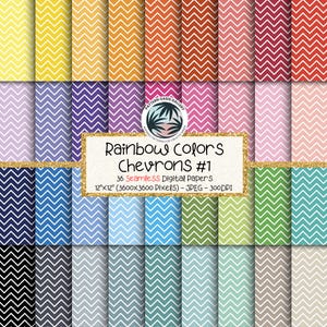 May include: A collection of 36 digital papers with a chevron pattern in various colors. The papers are 12" x 12" and feature a repeating zigzag design. The image includes text that reads "Rainbow Colors Chevrons #1".