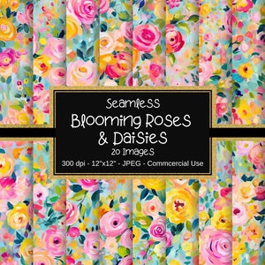 Rosas abstractas y margaritas papeles digitales sin costuras, patrones de flores de acuarela abstracta, 20 diseños, 12"x12", uso comercial, patrón floral