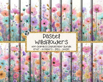Pastel Wildflower Digital Paper Bundle, Watercolor Floral Whimsical Garden Backgrounds (Digital Download)