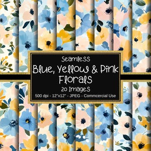 Blue and Yellow Floral Seamless Patterns, Blue and Pink Flowers Digital Paper, 12&quot;x12&quot;, 20 Images, Scrapbooking, Commercial Use, Abstract