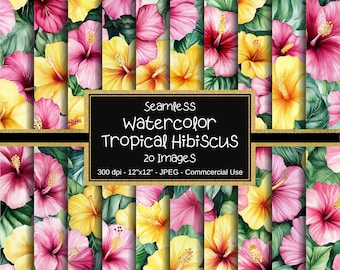 Tropical Hibiscus Seamless Digital Papers, Floral Backgrounds, 20 Designs, 12"x12", Scrapbooking, Printable Papers, Tropical Flowers