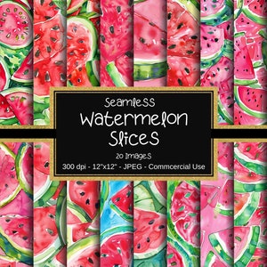 May include: Twenty digital paper designs featuring watercolor illustrations of watermelon slices. The designs are seamless and can be used for commercial purposes. Each design is 12 inches by 12 inches and 300 dpi.