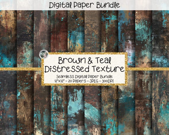 Grungy Texture Digital Paper Pack, Seamless Distressed Painted Canvas, Teal Brown, Scrapbook, 12"x12"