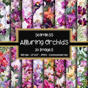 Papeles digitales sin costuras con orquídeas encantadas, patrones sin costuras de orquídeas moradas, patrones de orquídeas coloridas, 20 diseños, 12" x 12", álbumes de recortes
